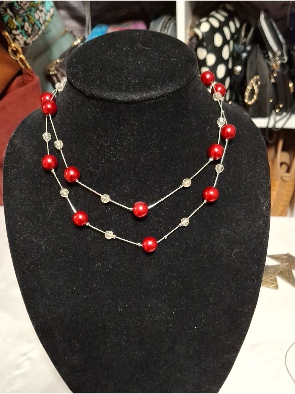 Cranberry Red Beaded Double-Strand Necklace 16"